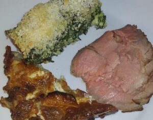 Will's Spinach "Pie" with Vegetable Gratin and Beef Roast